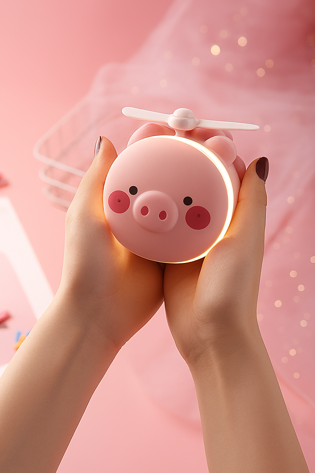 Cartoon Cute Pig LED Lights Mirror Pocket Fan