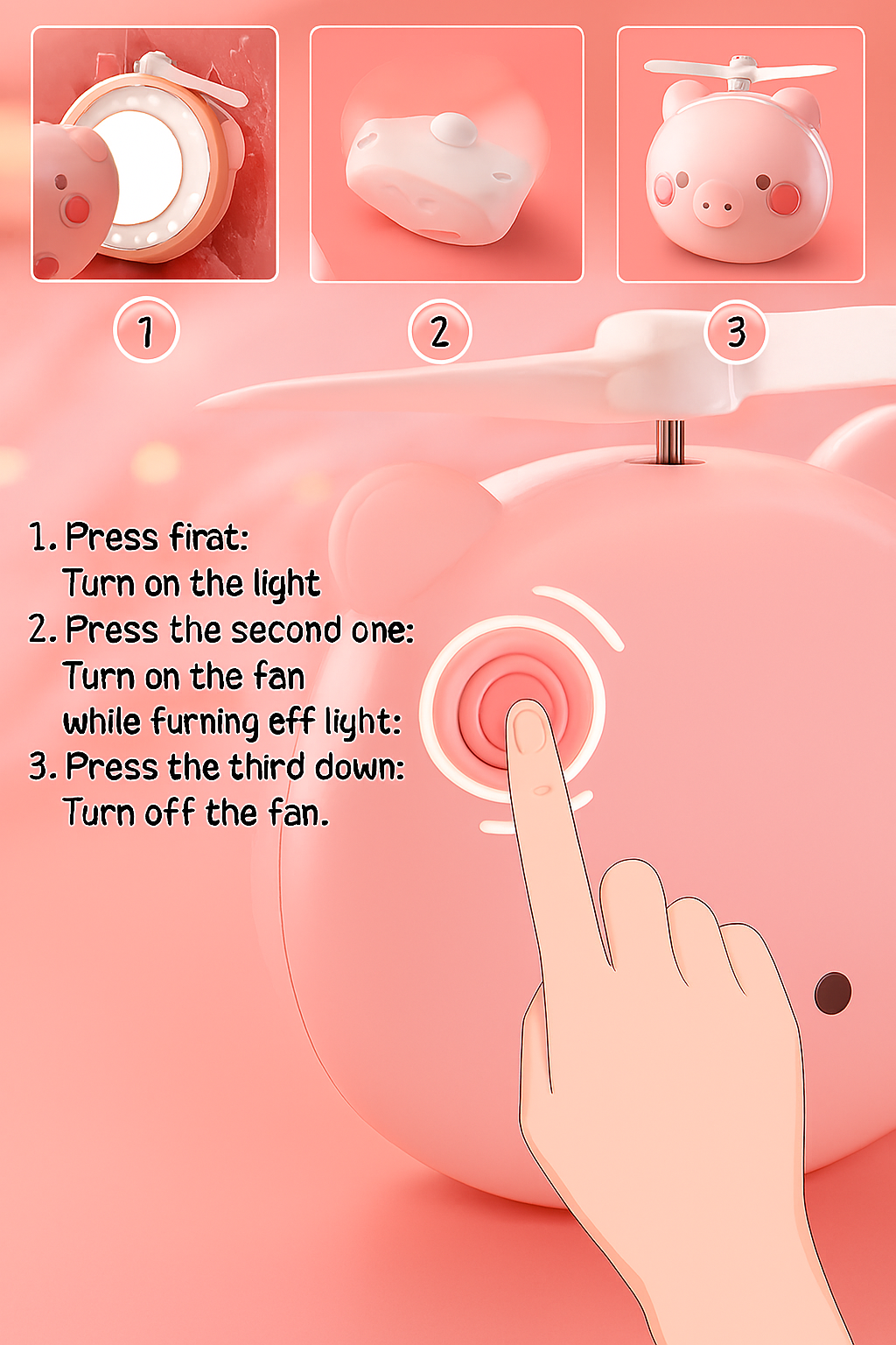 Cartoon Cute Pig LED Lights Mirror Pocket Fan