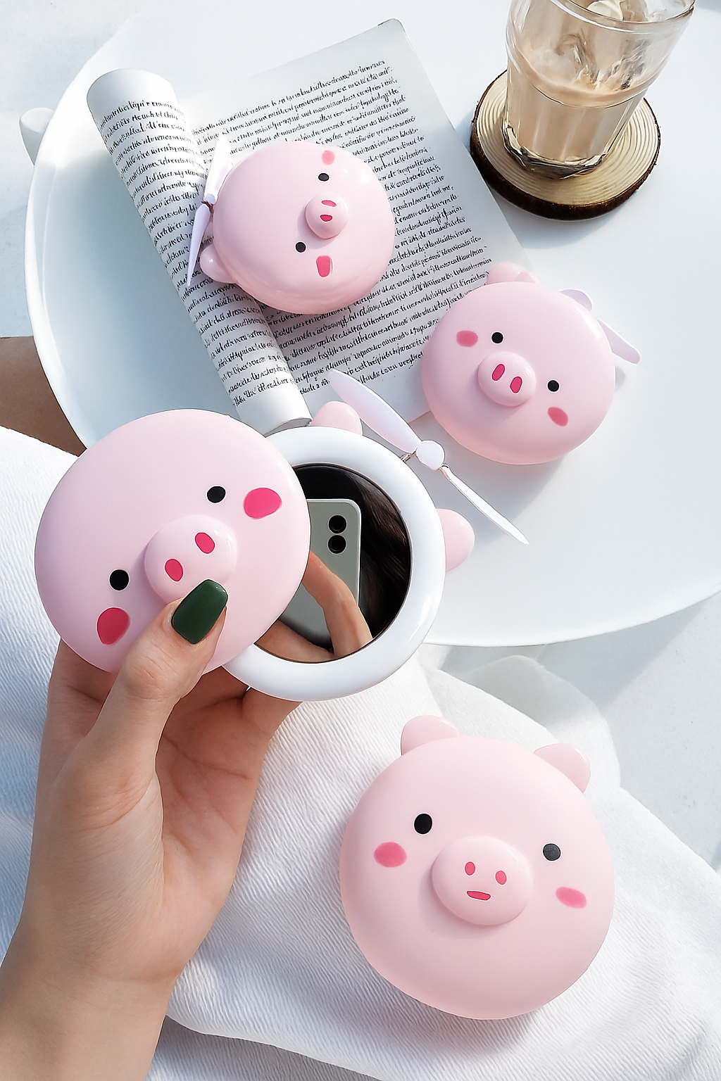 Cartoon Cute Pig LED Lights Mirror Pocket Fan