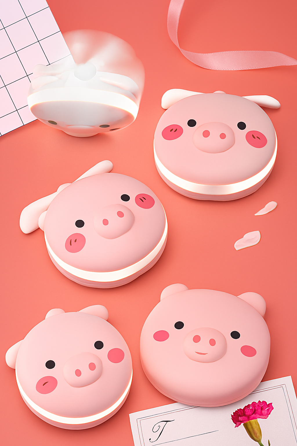 Cartoon Cute Pig LED Lights Mirror Pocket Fan
