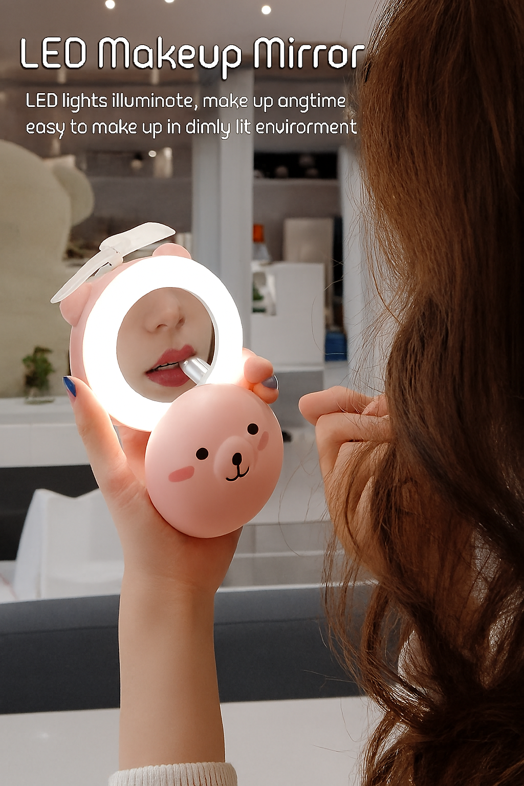 Cartoon Cute Pig LED Lights Mirror Pocket Fan
